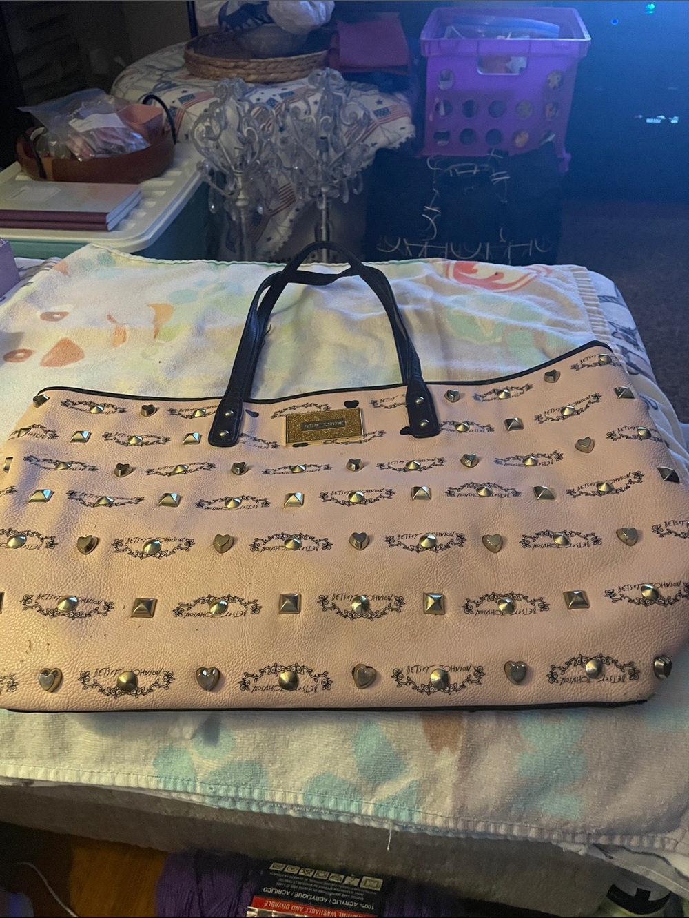 Pink Betsey Johnson Studded Tote with Black Handles
